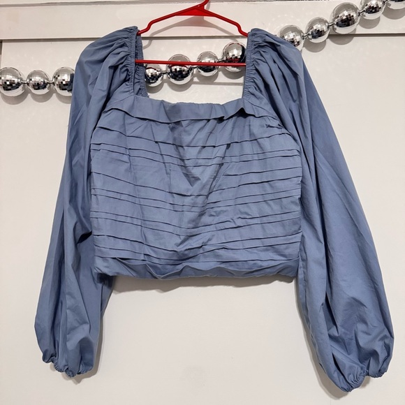 Abercrombie & Fitch Long-Sleeve Ruched Bodice Puff Sleeve Top Blue - Picture 3 of 6